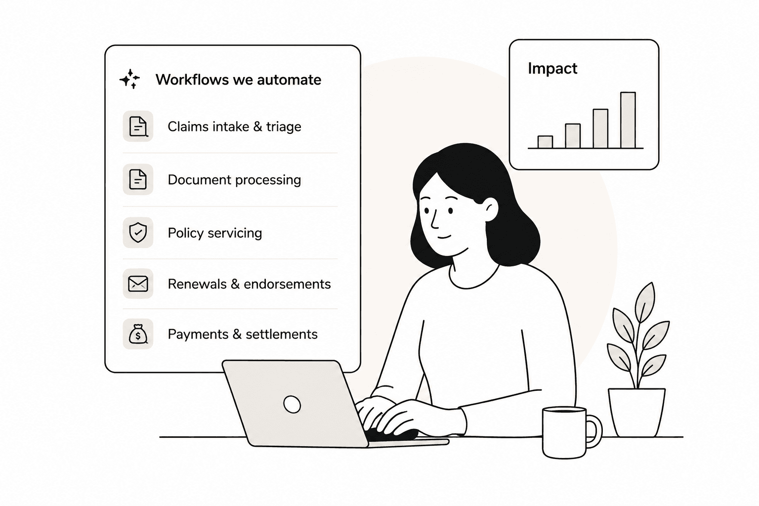 Illustration listing insurance workflows such as claims intake, document processing, policy servicing, renewals, and payments
